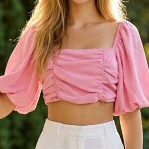 GeeGee Blouse Womens Pink Ruched Puff Sleeve Cropped Square Neck